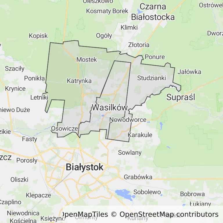 Mapa z zaznaczonym Wasilkowem
