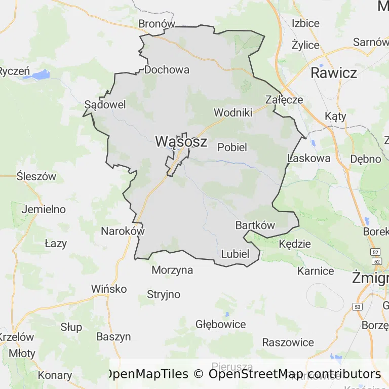 Mapa z zaznaczonym Wąsoszem