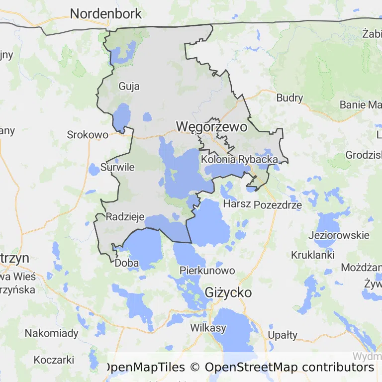 Mapa z zaznaczonym Węgorzewem