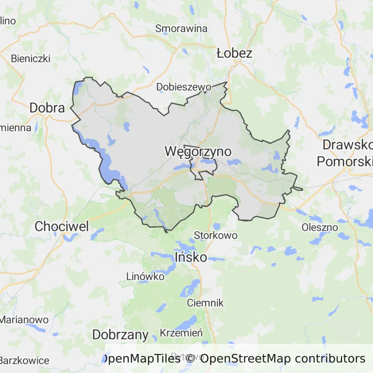 Mapa z zaznaczonym Węgorzynem