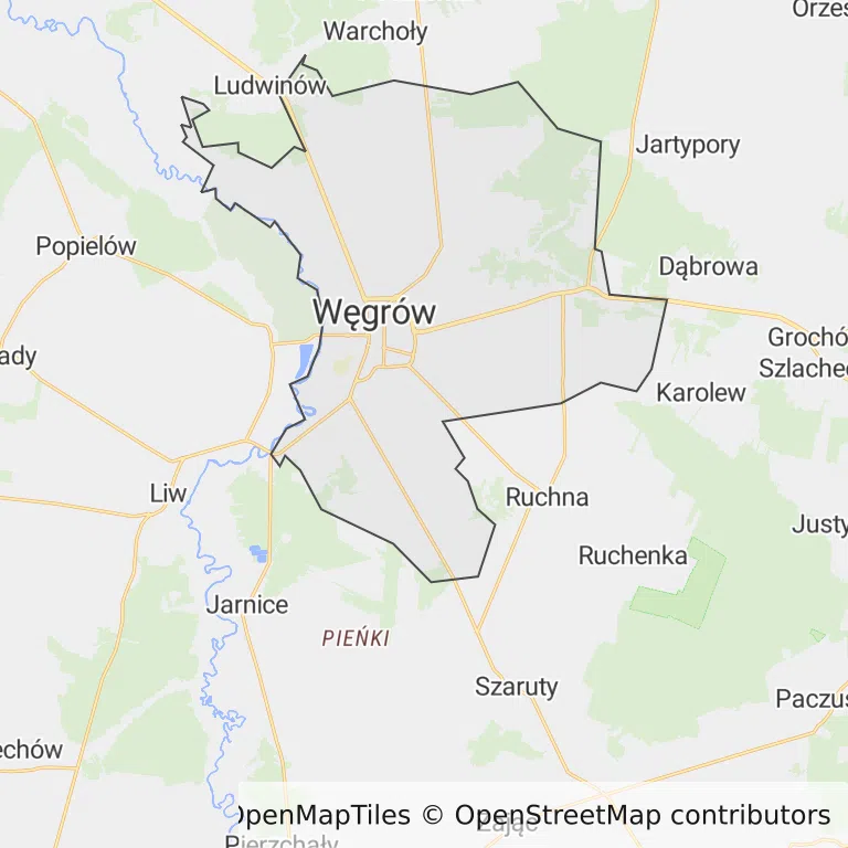 Mapa z zaznaczonym Węgrowem