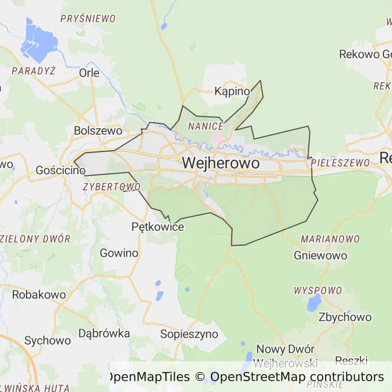 Mapa z zaznaczonym Wejherowem