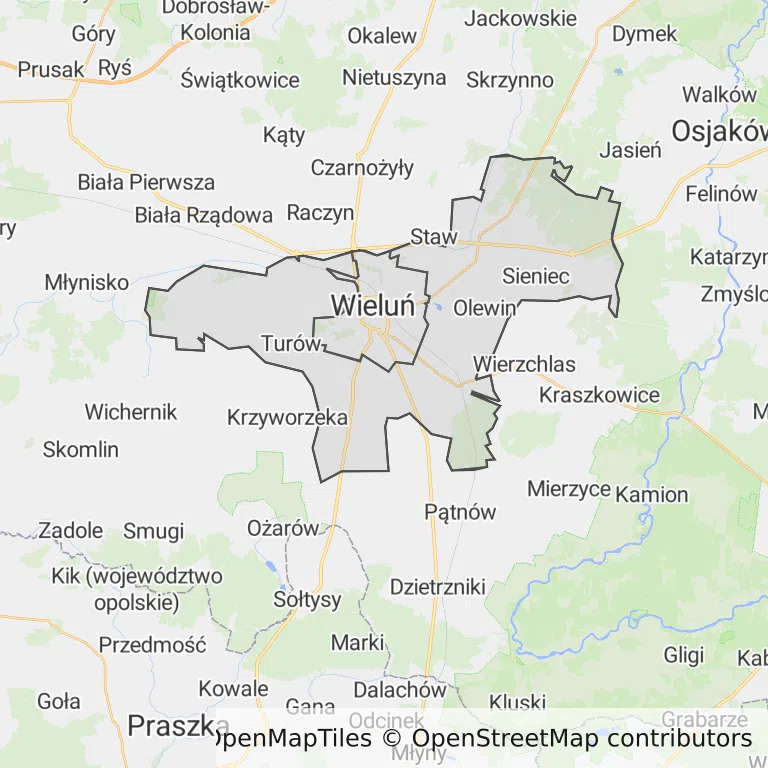 Mapa z zaznaczonym Wieluniu