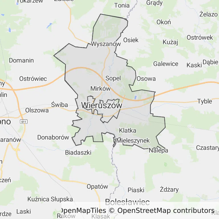 Mapa z zaznaczonym Wieruszowem