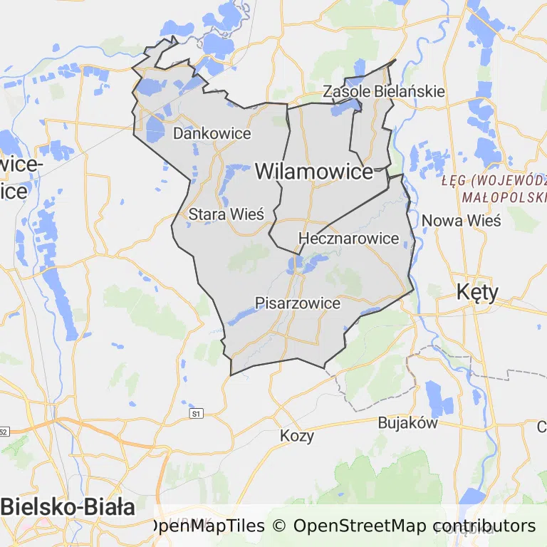 Mapa z zaznaczonymi Wilamowicami