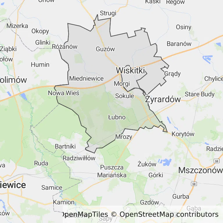 Mapa z zaznaczonym Wiskitkami