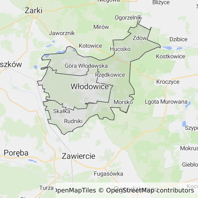 Mapa z zaznaczonymi Włodowicami