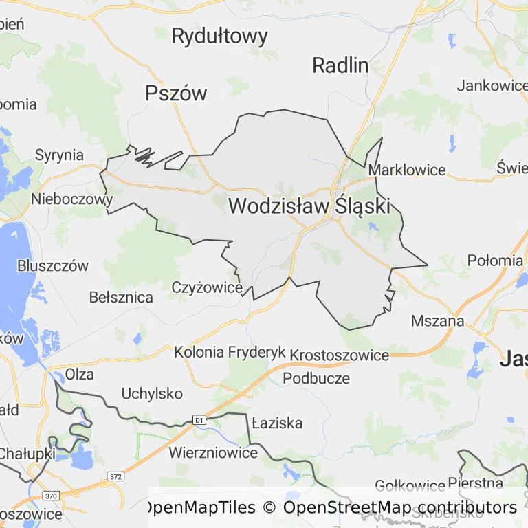 Mapa z zaznaczonym Wodzisławiu Śląskim