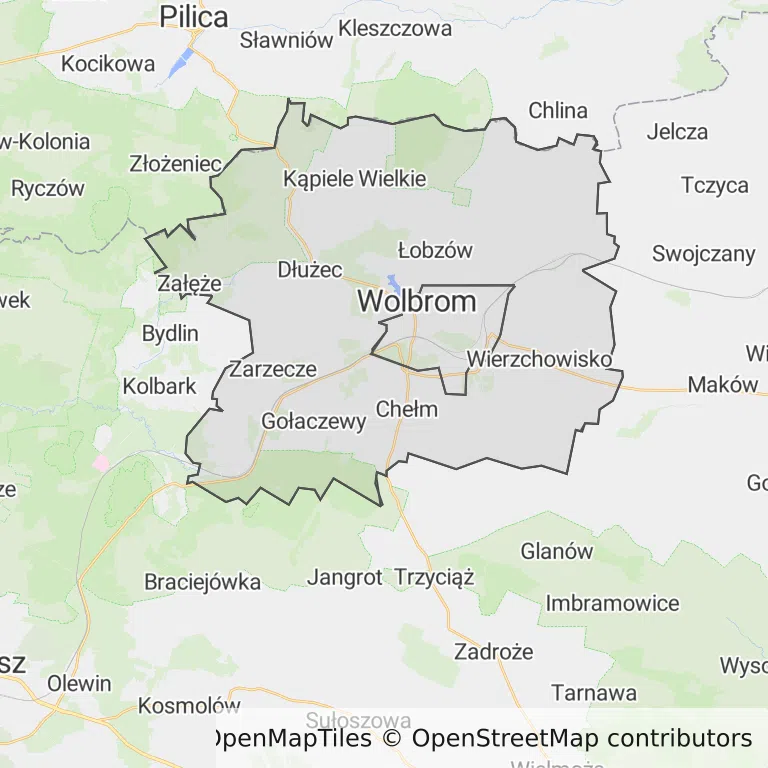 Mapa z zaznaczonym Wolbromiu