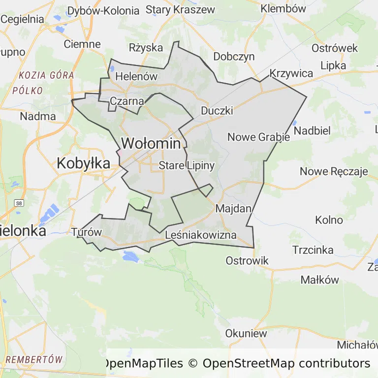 Mapa z zaznaczonym Wołominem