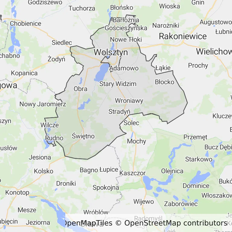 Mapa z zaznaczonym Wolsztynem