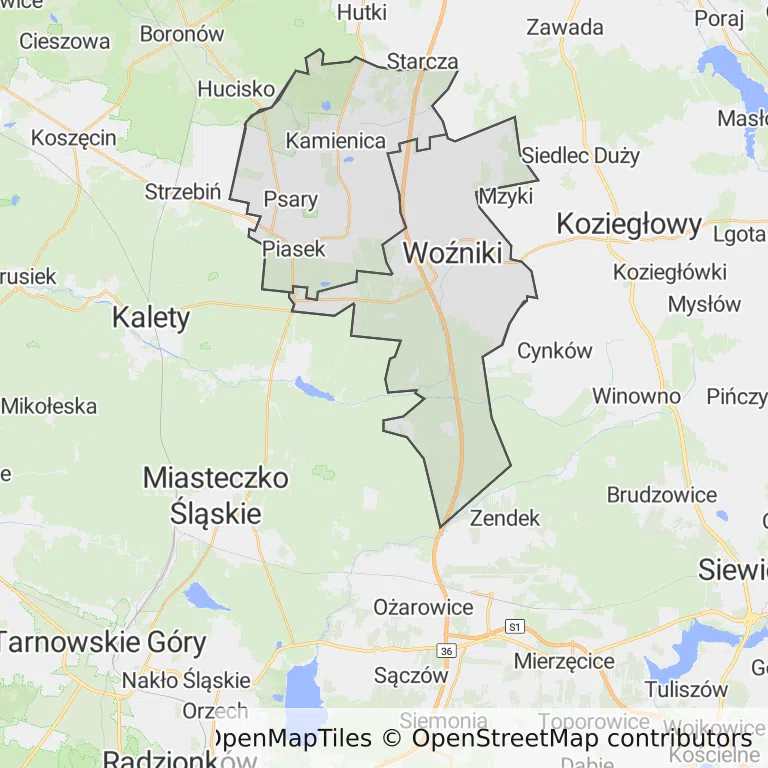 Mapa z zaznaczonym Woźnikami