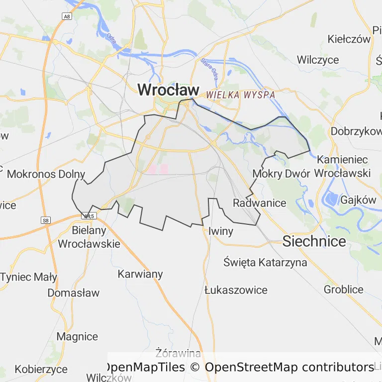 Mapa z zaznaczonymi Krzykiem we Wrocławiu