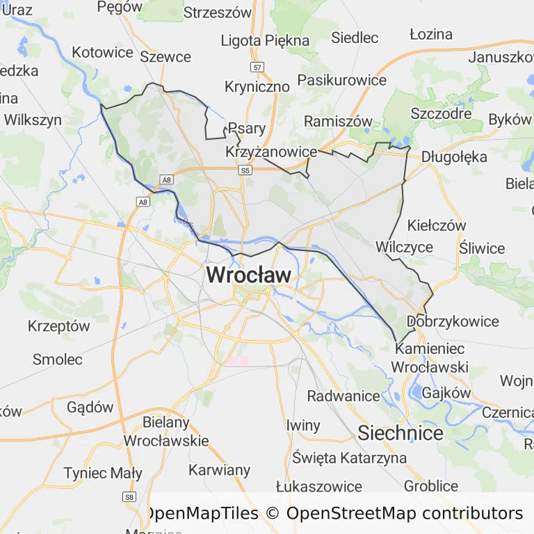 Mapa z zaznaczonym Psie Polem we Wrocławiu