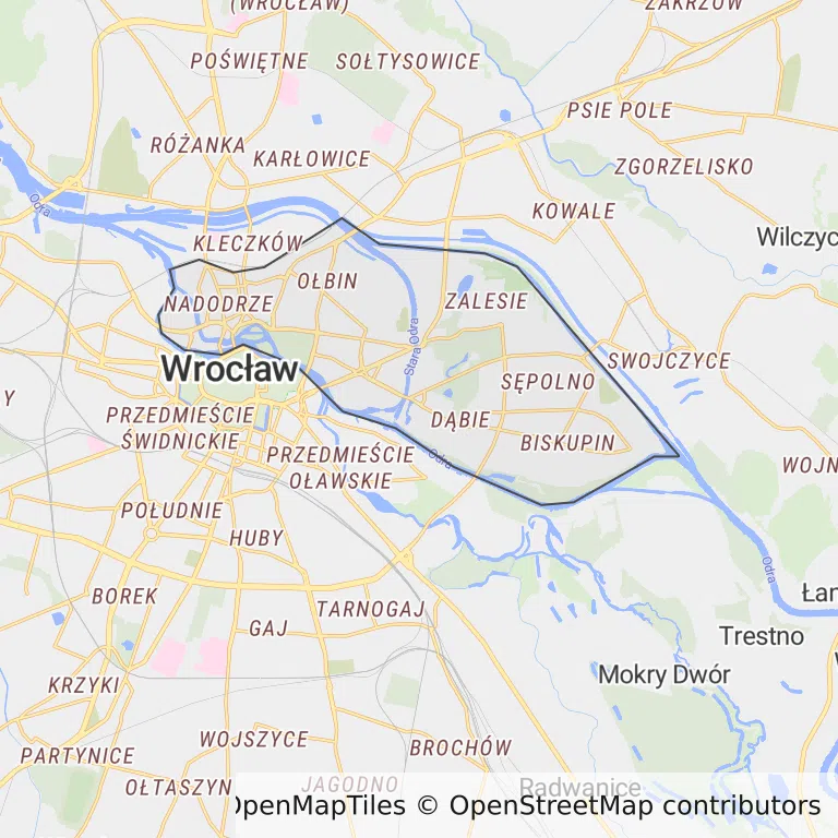 Mapa z zaznaczonym Śródmieściem we Wrocławiu