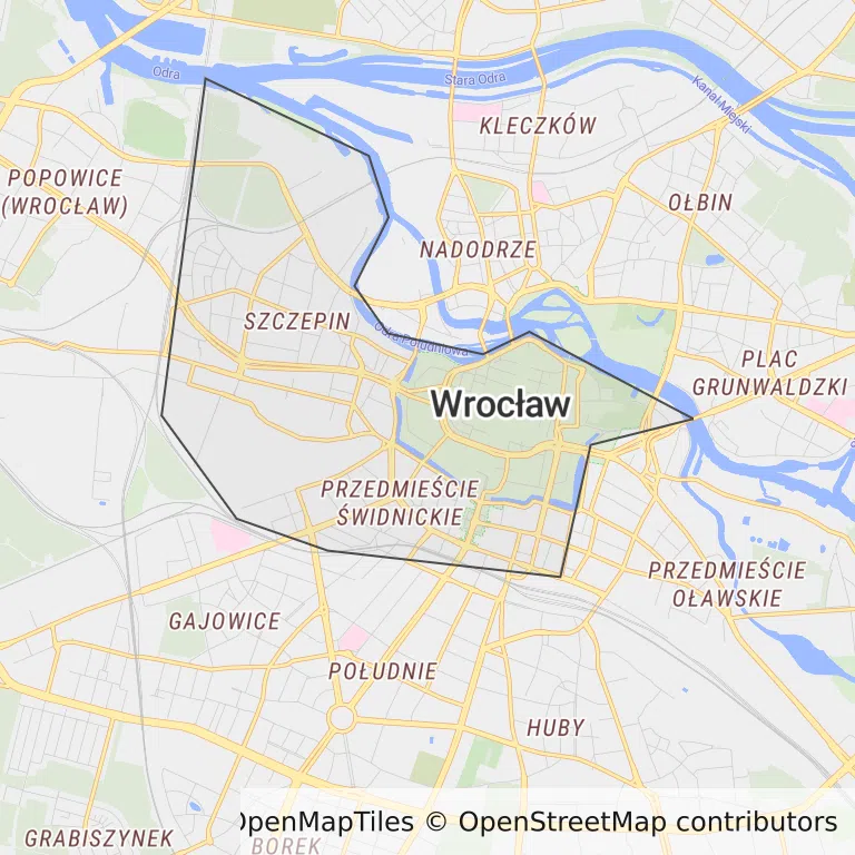 Mapa z zaznaczonym Stare Miastoem we Wrocławiu