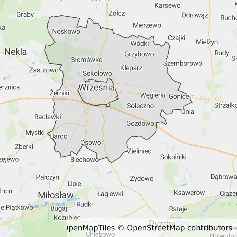 Mapa z zaznaczoną Wrześni