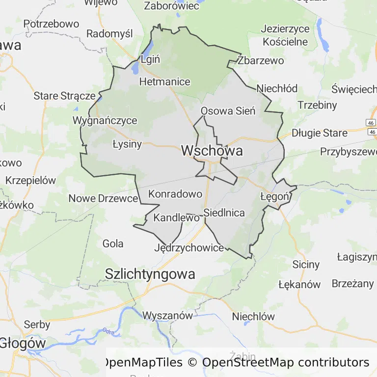 Mapa z zaznaczoną Wschowem