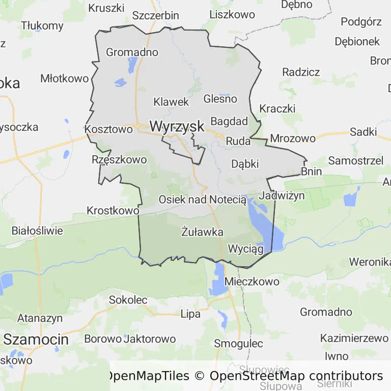 Mapa z zaznaczonym Wyrzyskiem