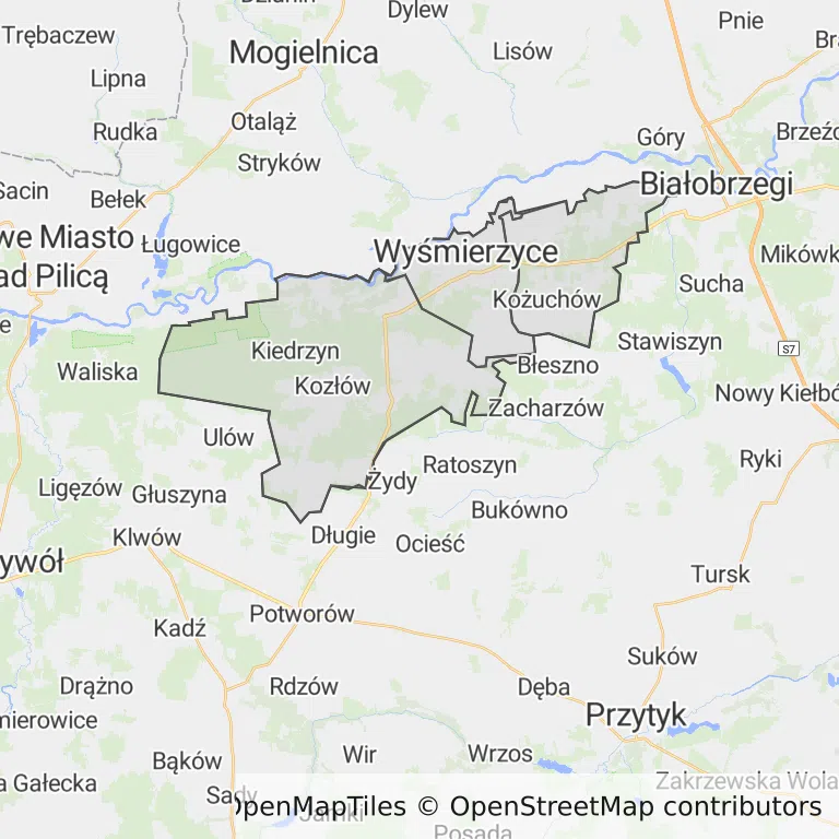 Mapa z zaznaczonymi Wyśmierzycami