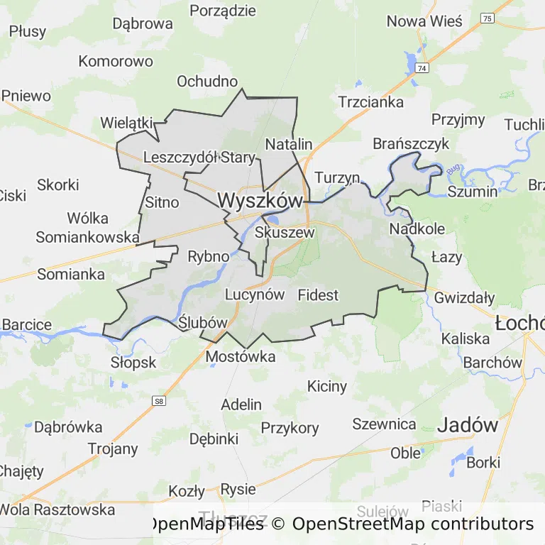 Mapa z zaznaczonym Wyszkowem