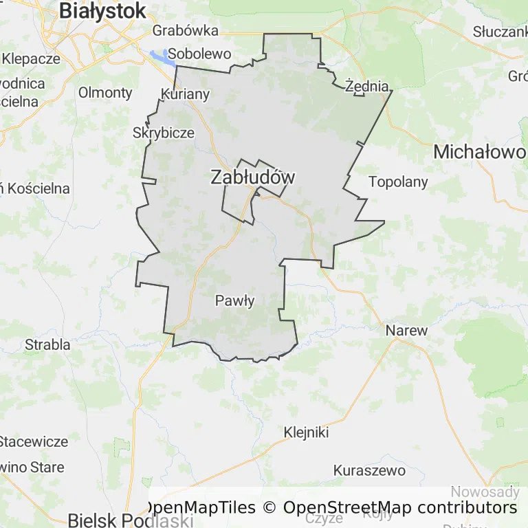 Mapa z zaznaczonym Zabłudowem