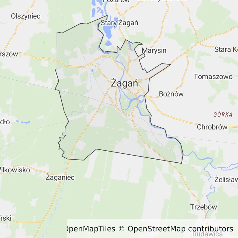 Mapa z zaznaczonym Żaganiu