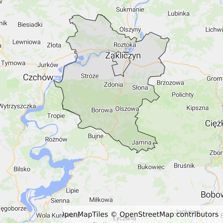 Mapa z zaznaczonym Zakliczynem