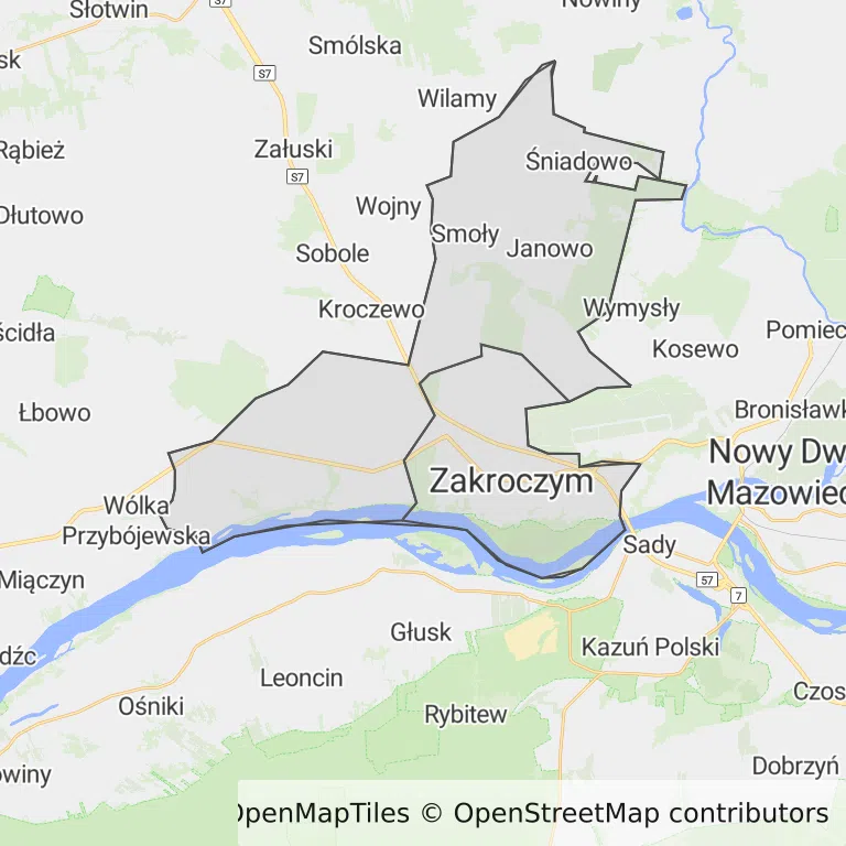 Mapa z zaznaczonym Zakroczymiu