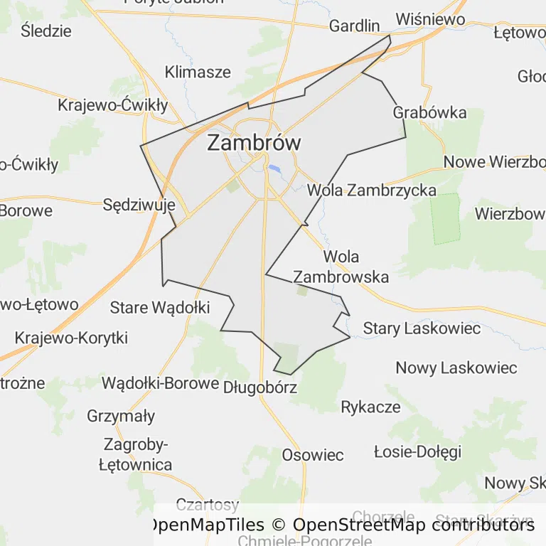 Mapa z zaznaczonym Zambrowem