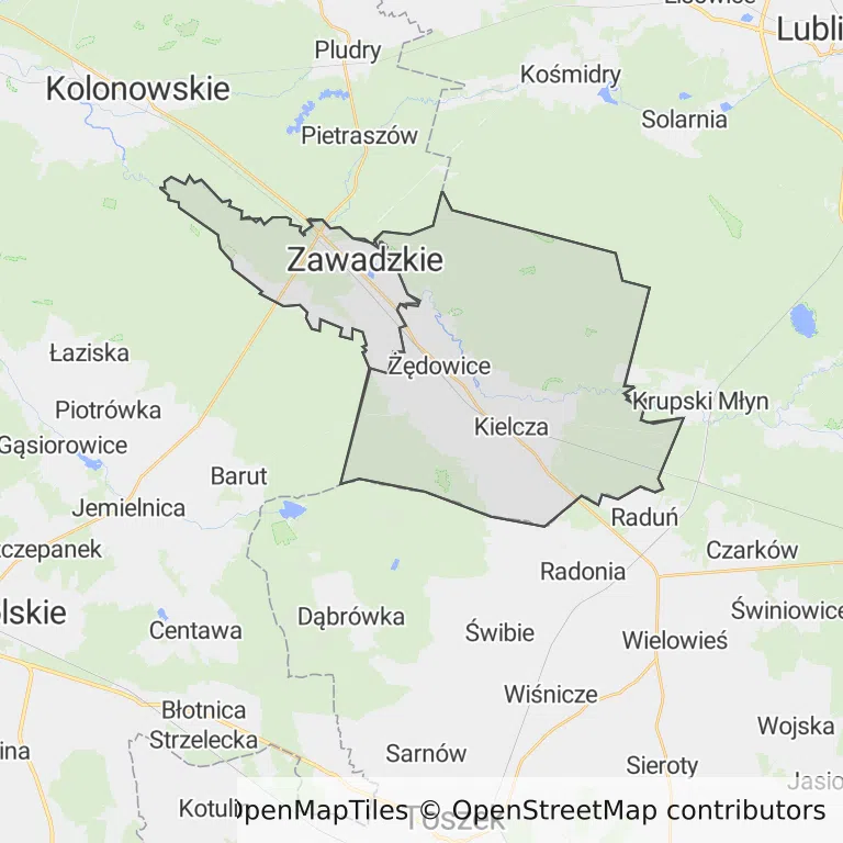 Mapa z zaznaczonym Zawadzkiem