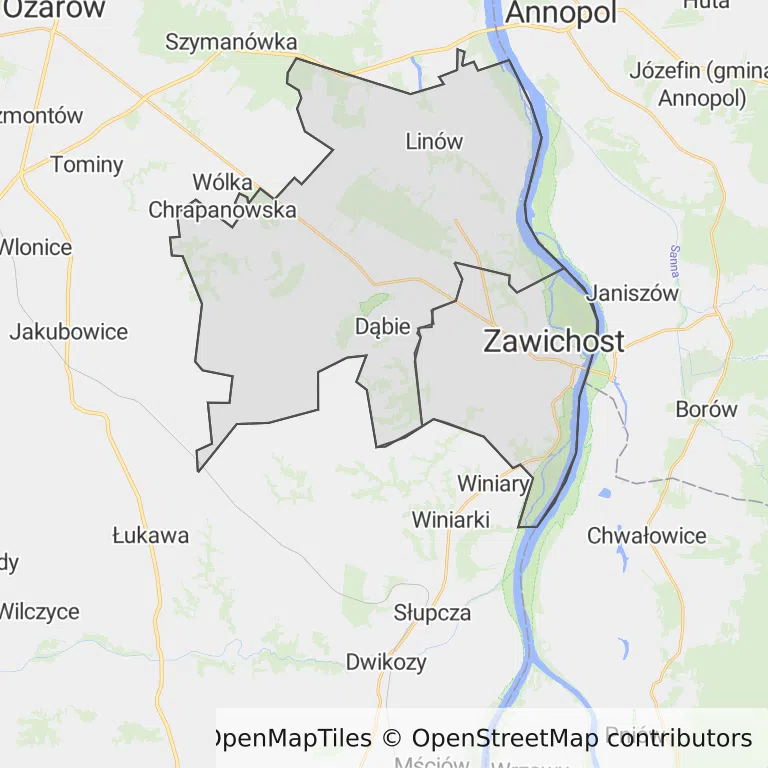 Mapa z zaznaczonym Zawichoścem