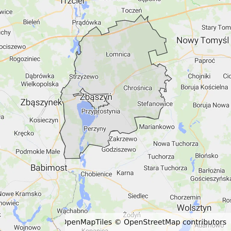 Mapa z zaznaczonym Zbąszyniu
