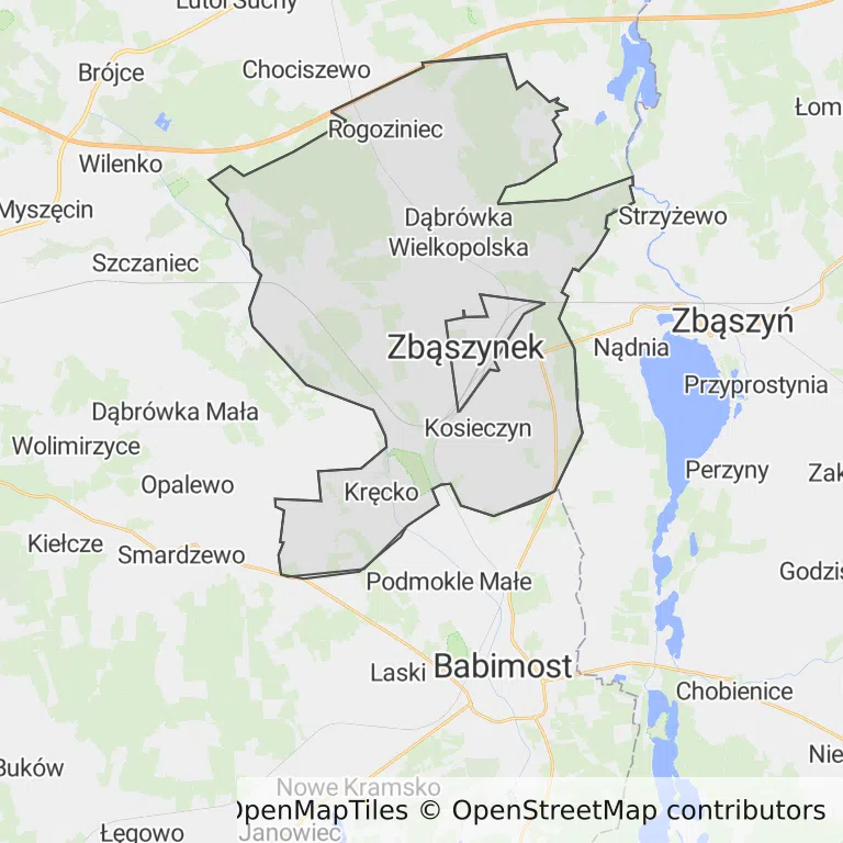 Mapa z zaznaczonym Zbąszynkiem