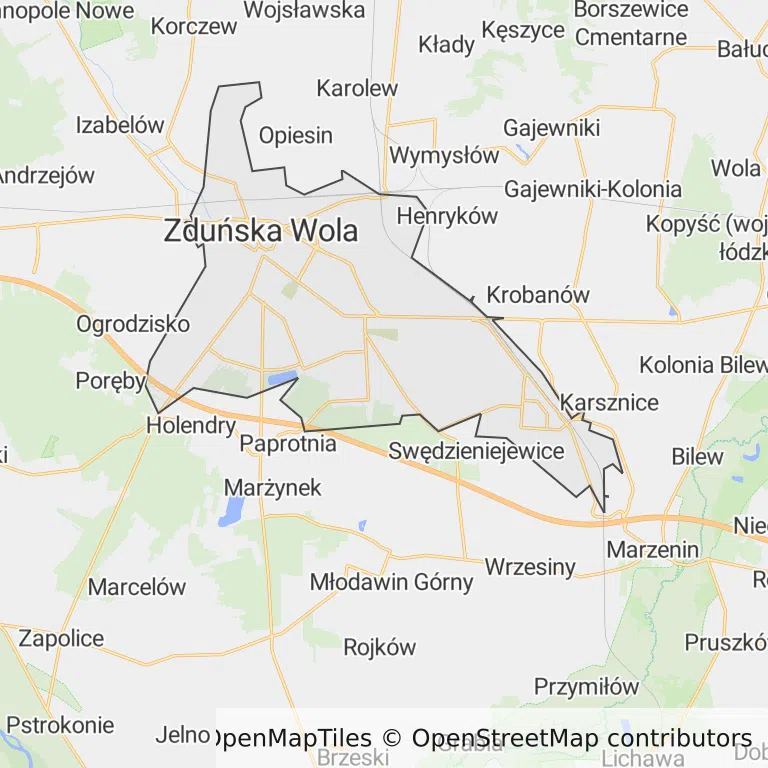 Mapa z zaznaczoną Zduńskiej Woli
