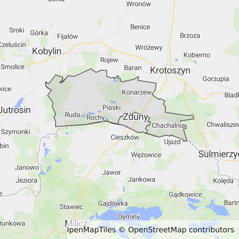 Mapa z zaznaczonym Zdunami