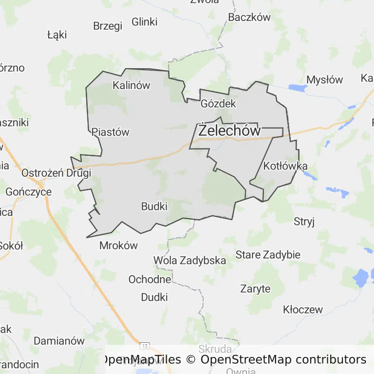 Mapa z zaznaczonym Żelechowem