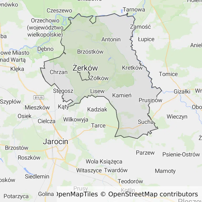 Mapa z zaznaczonym Żerkowem