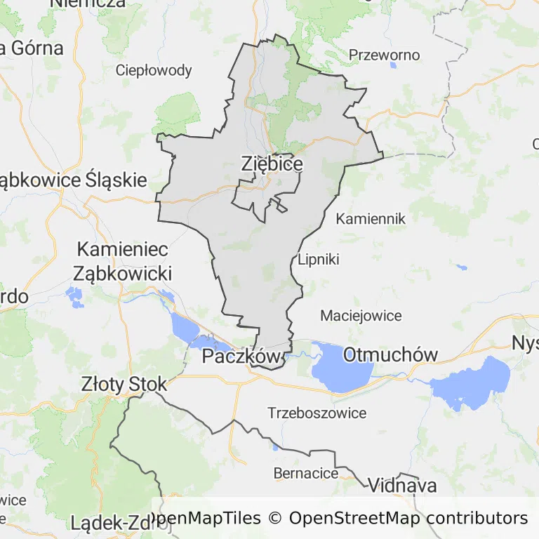 Mapa z zaznaczonymi Ziębicami