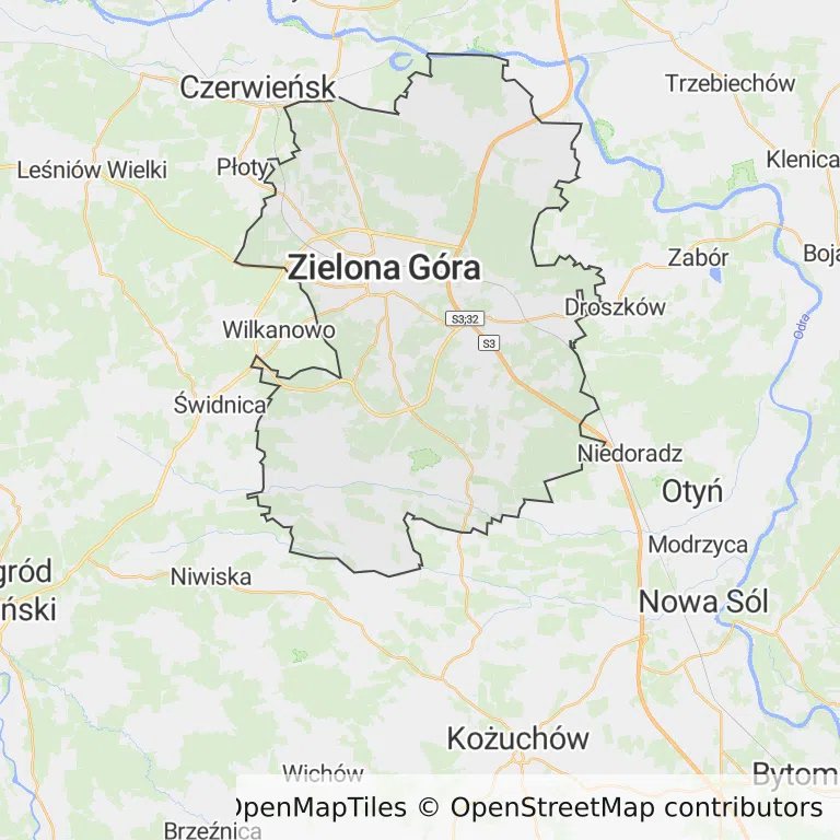 Mapa z zaznaczoną Zieloną Górą
