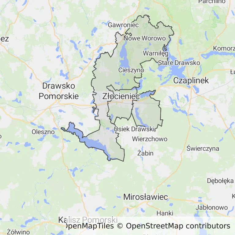 Mapa z zaznaczonym Złocieńcu