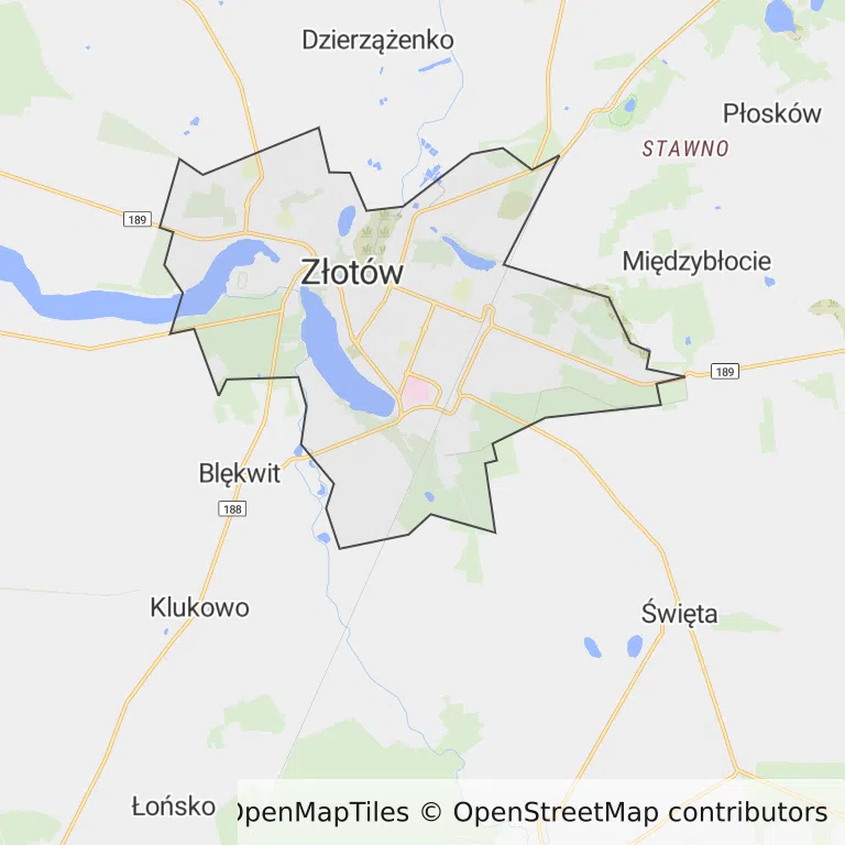 Mapa z zaznaczonym Złotowem