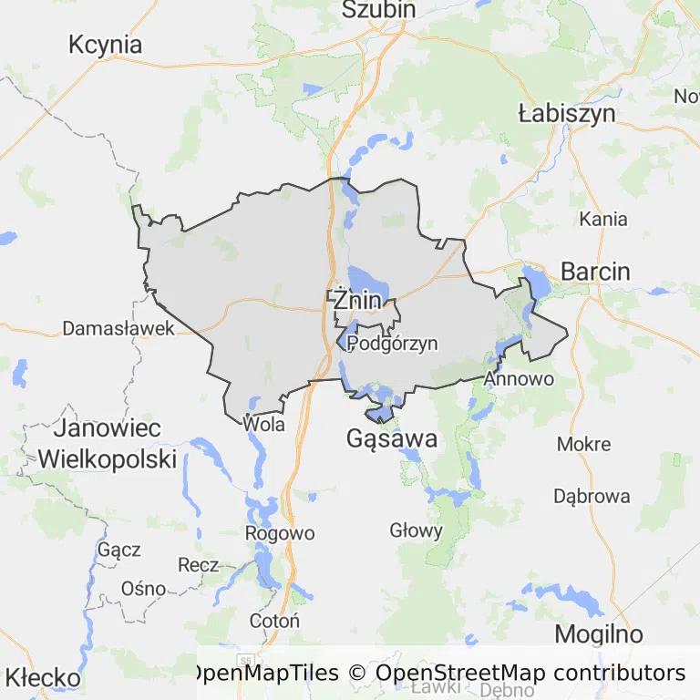 Mapa z zaznaczonym Żninem
