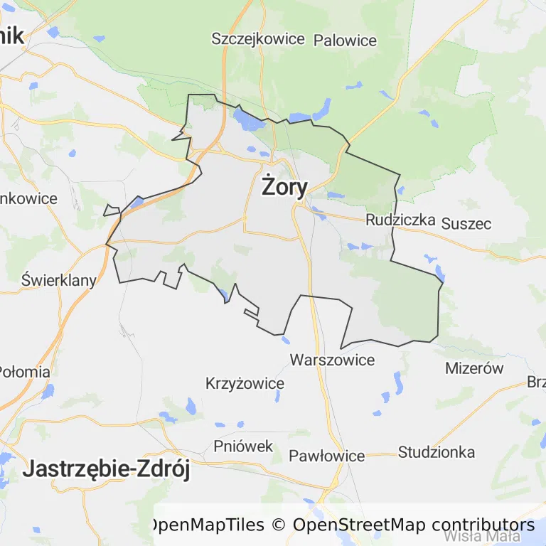 Mapa z zaznaczonym Żorami