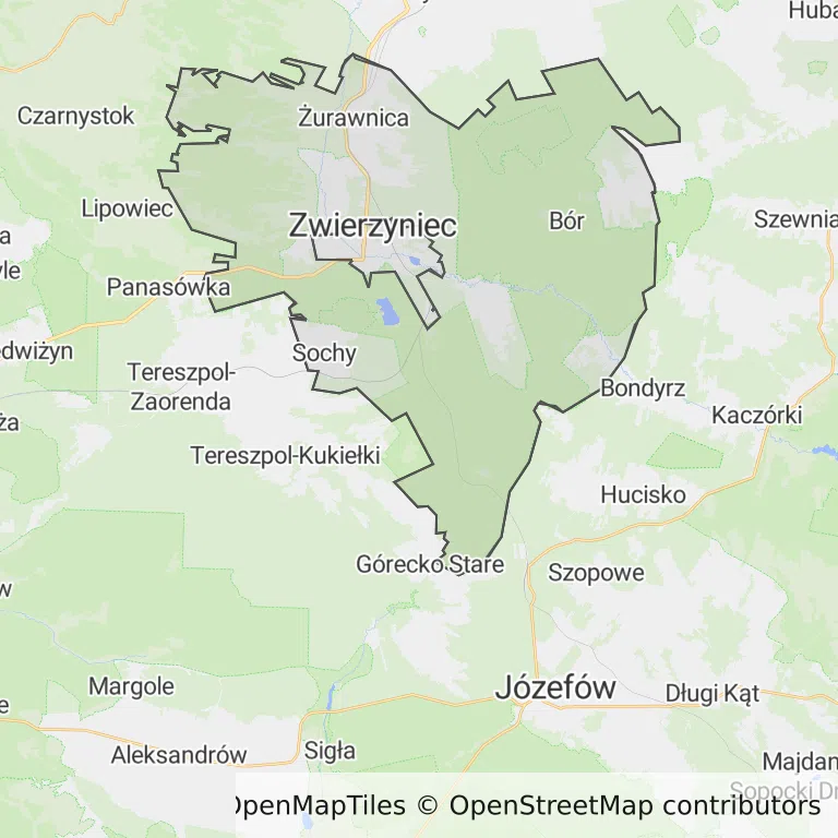 Mapa z zaznaczonym Zwierzyńcu