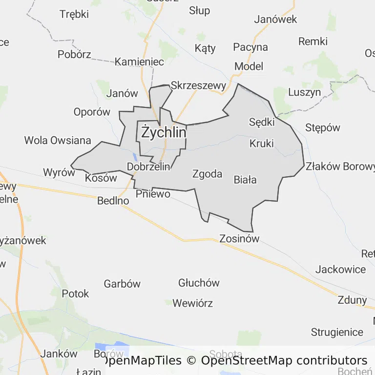 Mapa z zaznaczonym Żychlinem