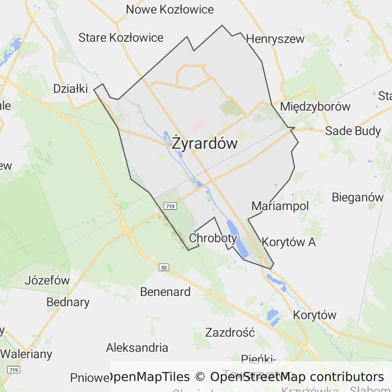 Mapa z zaznaczonym Żyrardowem